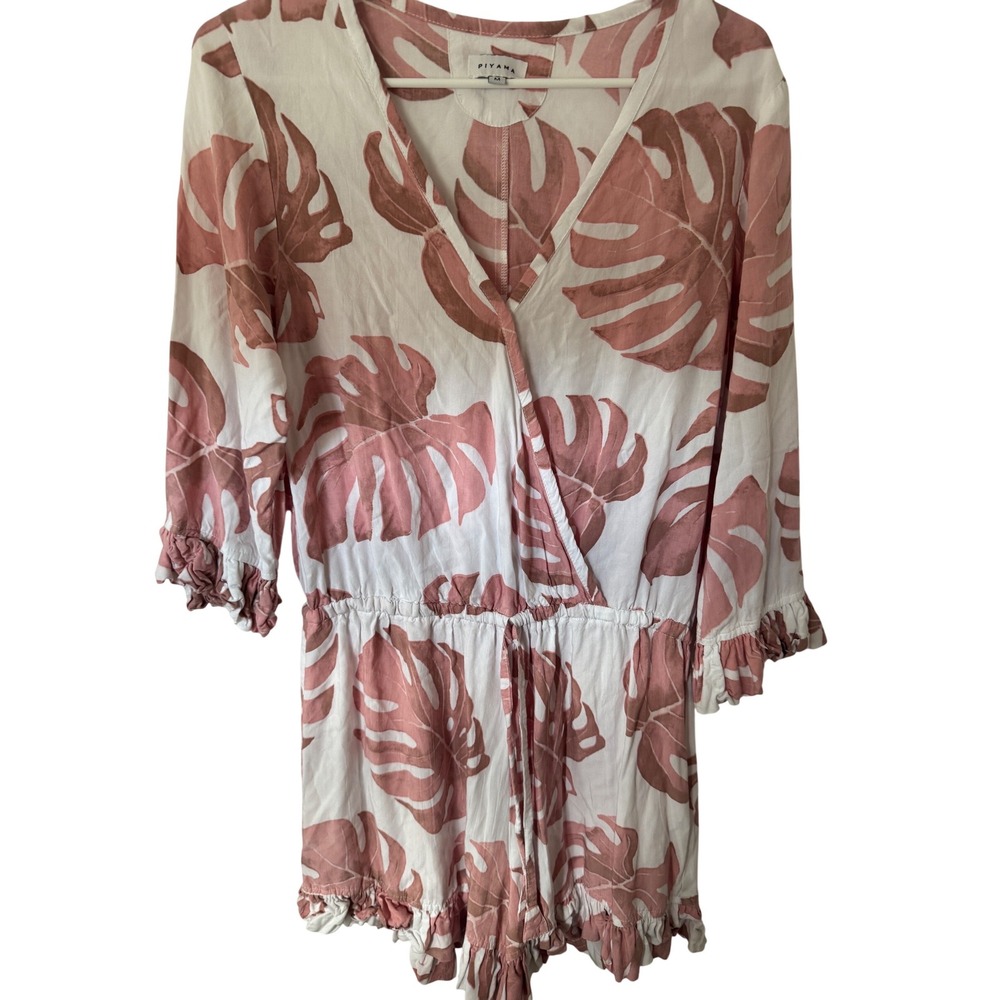 Piyama Womens Monstera Leaf Print Ruffle Romper Pink White Size Medium